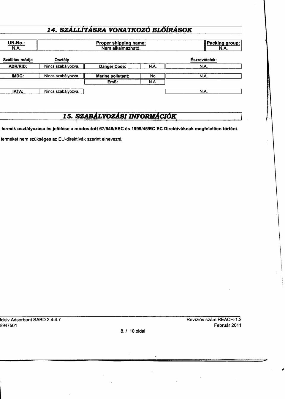 Marine pollutant: No EmS: IATA: Nincs szabályozva.