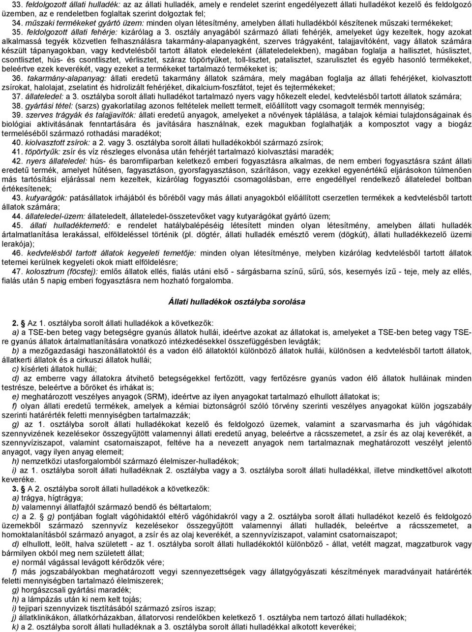 osztály anyagából származó állati fehérjék, amelyeket úgy kezeltek, hogy azokat alkalmassá tegyék közvetlen felhasználásra takarmány-alapanyagként, szerves trágyaként, talajjavítóként, vagy állatok