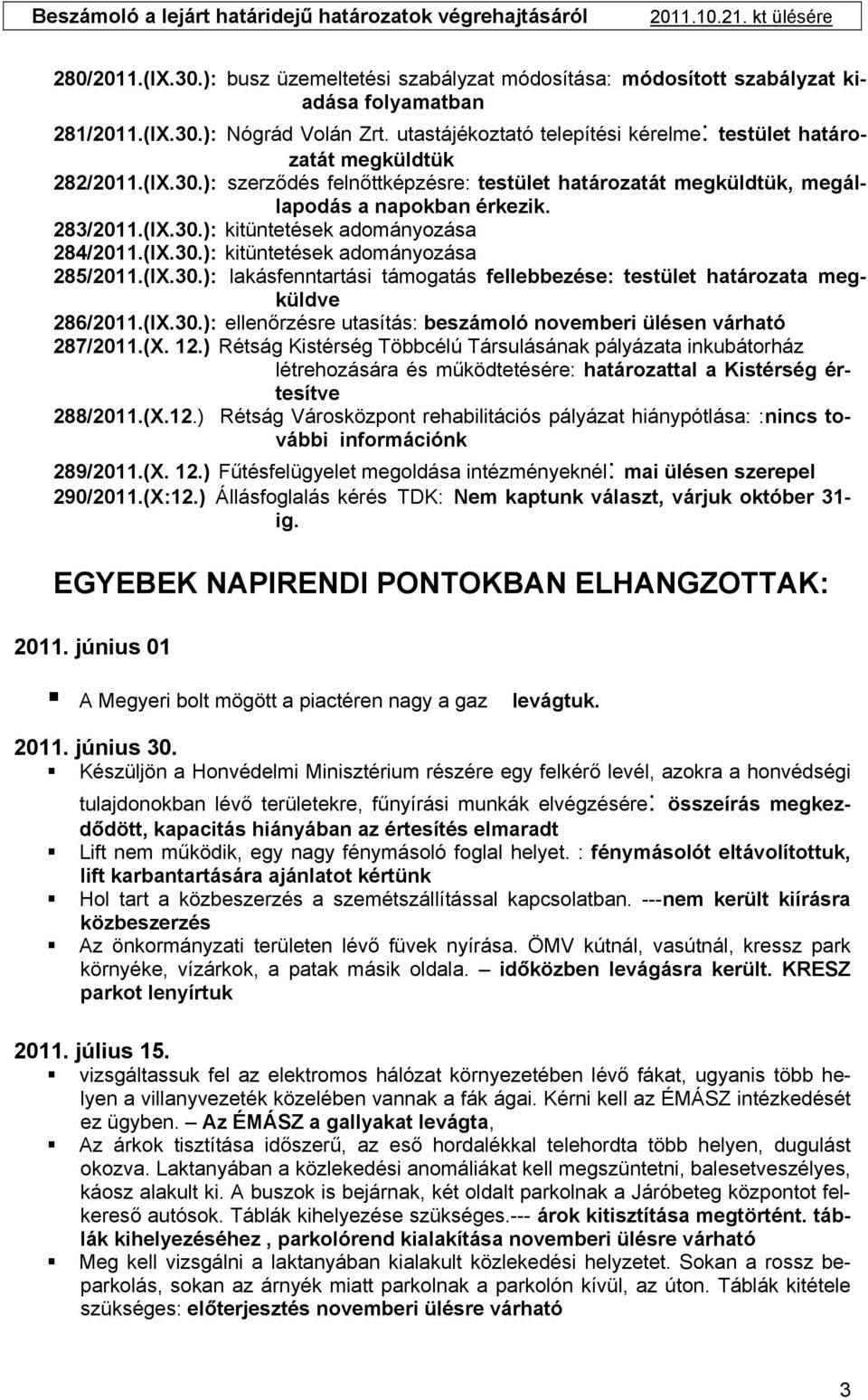 (IX.30.): kitüntetések adományozása 285/2011.(IX.30.): lakásfenntartási támogatás fellebbezése: testület határozata megküldve 286/2011.(IX.30.): ellenőrzésre utasítás: beszámoló novemberi ülésen várható 287/2011.