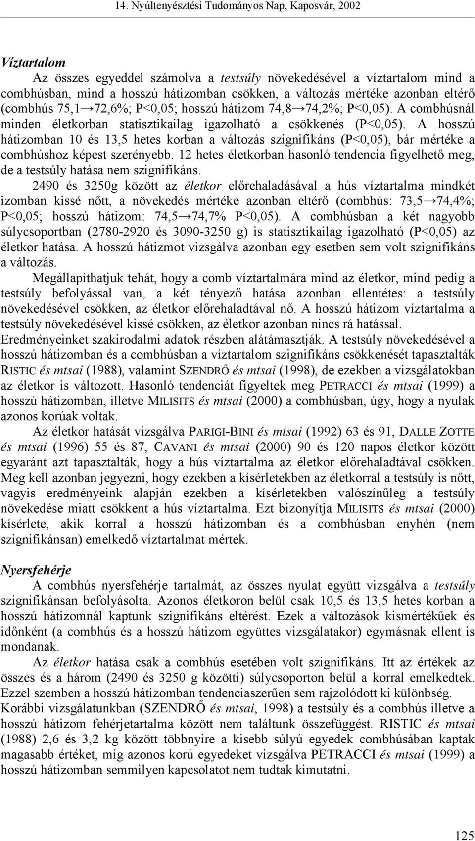 A hosszú hátizomban 10 és 13,5 hetes korban a változás szignifikáns (P<0,05), bár mértéke a combhúshoz képest szerényebb.