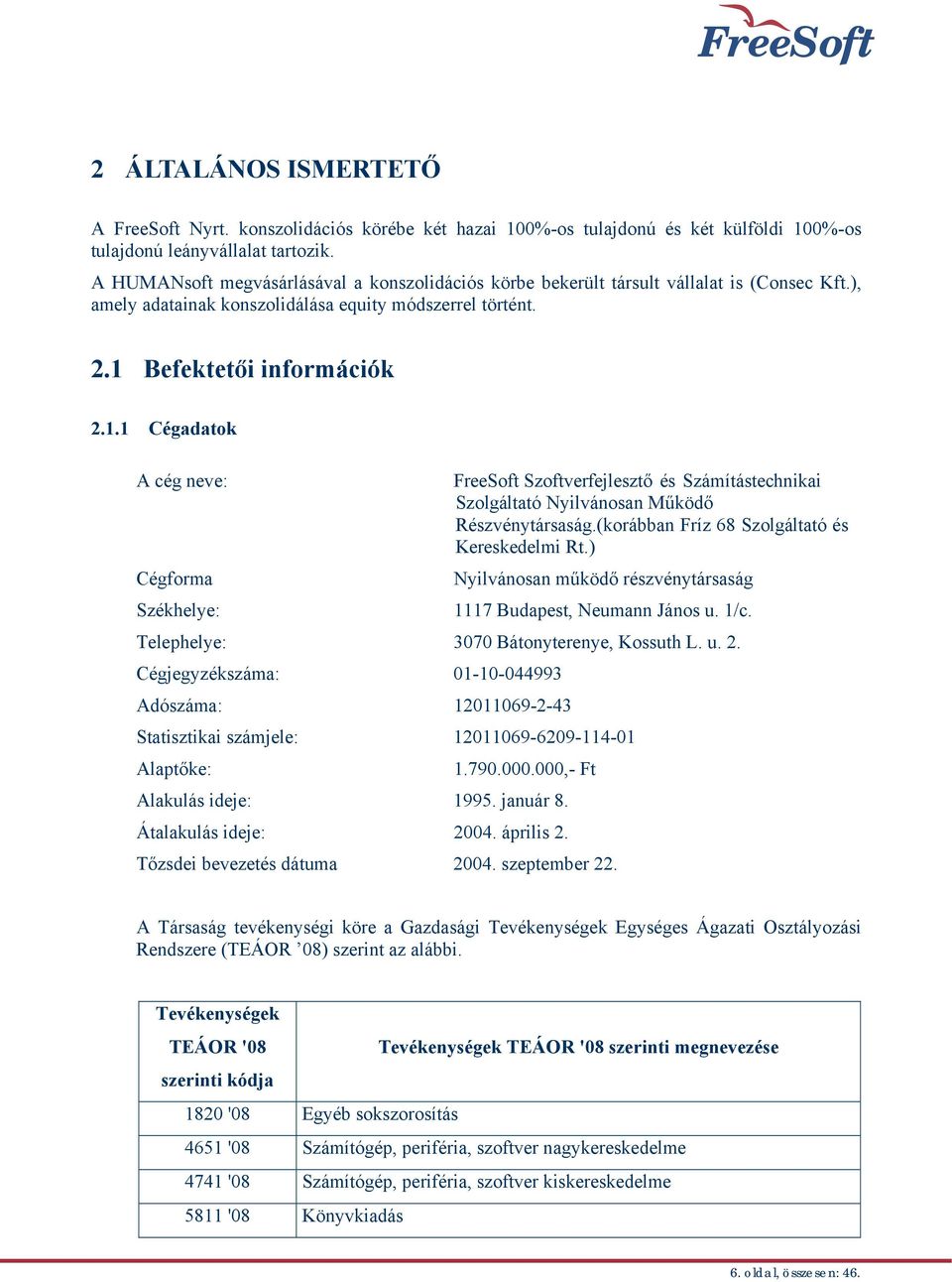 Befektetői információk 2.1.1 Cégadatok A cég neve: Cégforma Székhelye: FreeSoft Szoftverfejlesztő és Számítástechnikai Szolgáltató Nyilvánosan Működő Részvénytársaság.