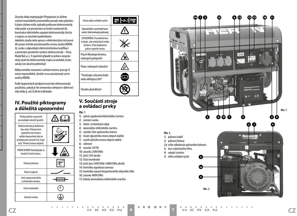 elektrického zapojení elektrocentrály čímž je v rozporu se záručními podmínkami. Jakékoliv zásahy nebo opravy v elektroinstalaci smí provádět pouze technik autorizovaného servisu značky HERON (tj.