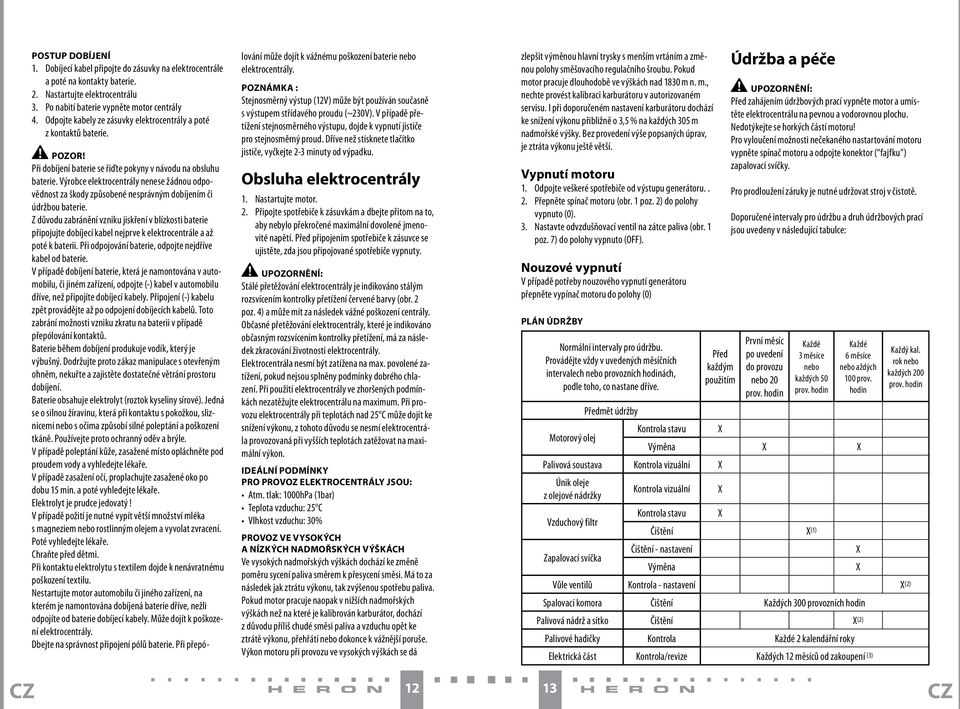 Výrobce elektrocentrály nenese žádnou odpovědnost za škody způsobené nesprávným dobíjením či údržbou baterie.