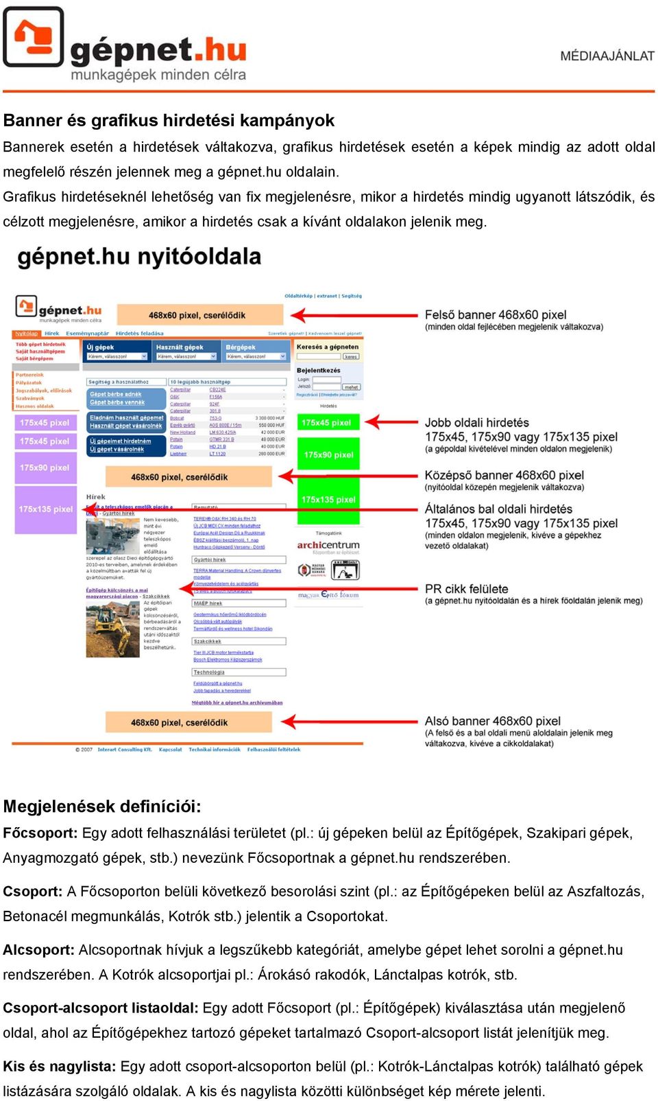 Megjelenések definíciói: Főcsoport: Egy adott felhasználási területet (pl.: új gépeken belül az Építőgépek, Szakipari gépek, Anyagmozgató gépek, stb.) nevezünk Főcsoportnak a gépnet.hu rendszerében.