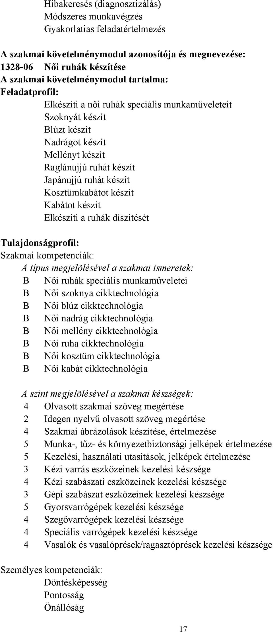 díszítését Tulajdonságprofil: Szakmai kompetenciák: A típus megjelölésével a szakmai ismeretek: B Női ruhák speciális munkaműveletei B Női szoknya cikktechnológia B Női blúz cikktechnológia B Női