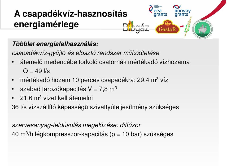 29,4 m 3 víz szabad tározókapacitás V = 7,8 m 3 21,6 m 3 vizet kell átemelni 36 l/s vízszállító képességű