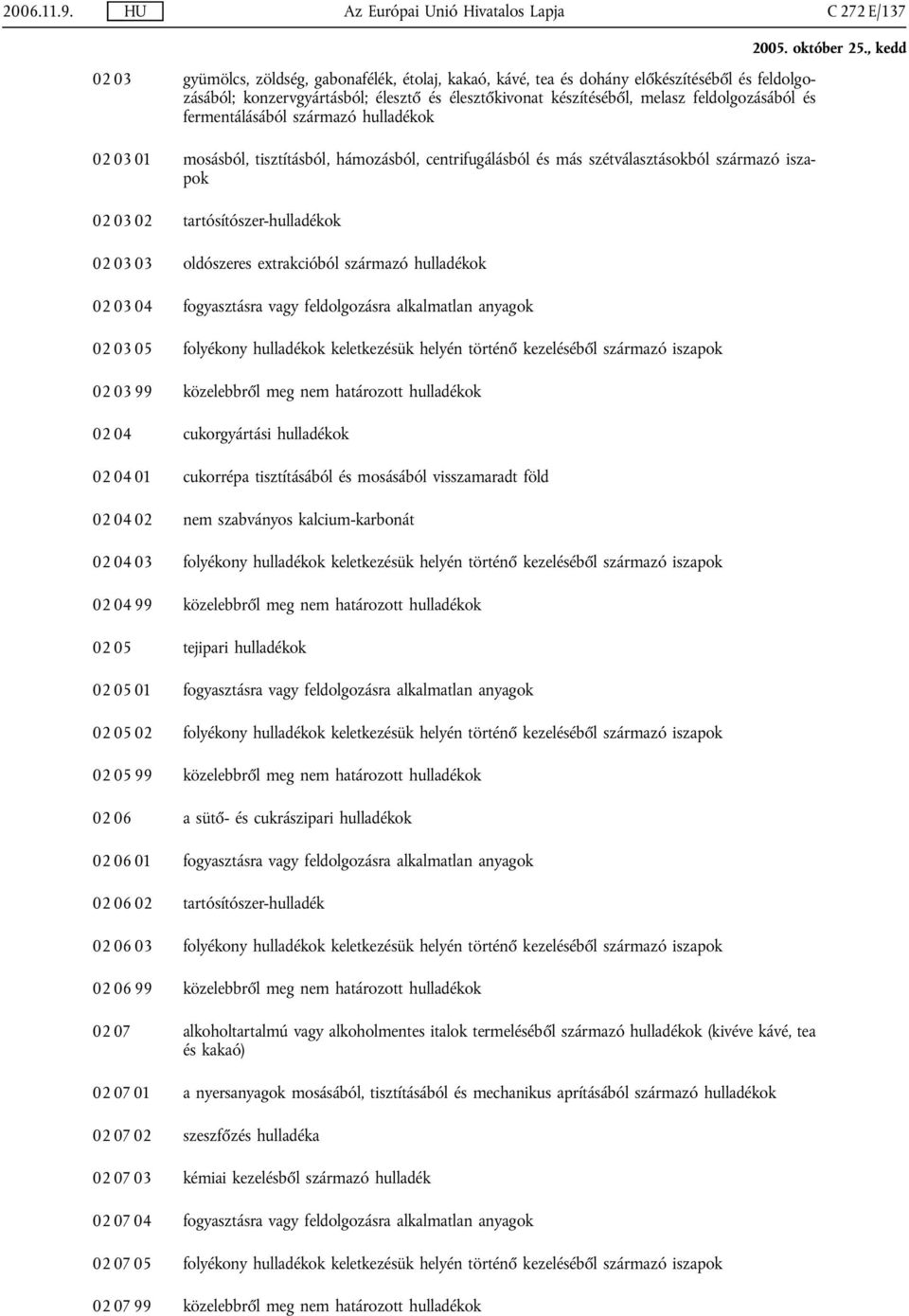 élesztőkivonat készítéséből, melasz feldolgozásából és fermentálásából származó hulladékok 02 03 01 mosásból, tisztításból, hámozásból, centrifugálásból és más szétválasztásokból származó iszapok 02