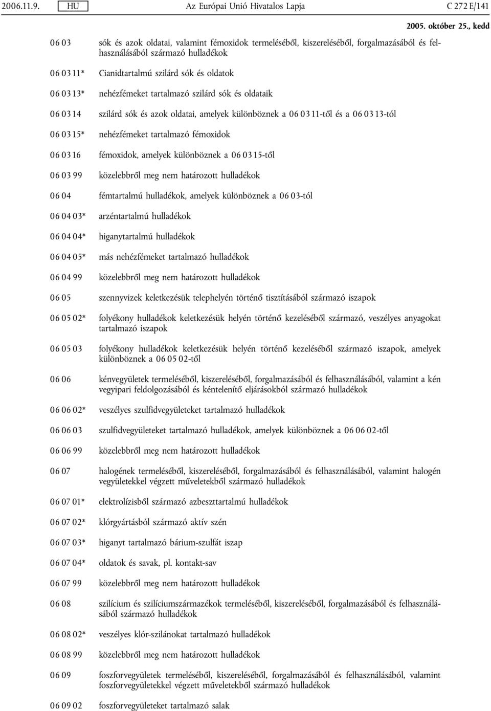 Cianidtartalmú szilárd sók és oldatok 06 03 13* nehézfémeket tartalmazó szilárd sók és oldataik 06 0314 szilárd sók és azok oldatai, amelyek különböznek a 06 0311-től és a 06 0313-tól 06 03 15*