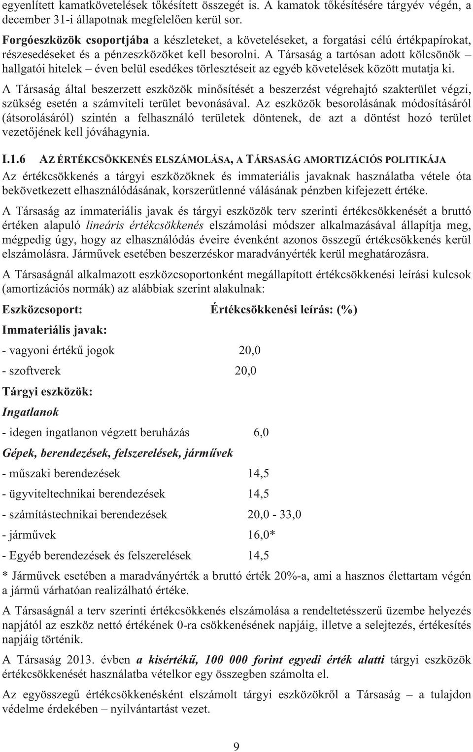 A Társaság a tartósan adott kölcsönök hallgatói hitelek éven belül esedékes törlesztéseit az egyéb követelések között mutatja ki.