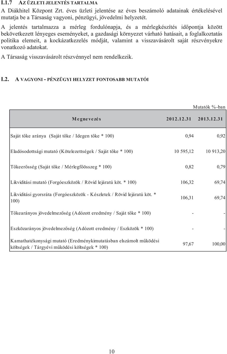 kockázatkezelés módját, valamint a visszavásárolt saját részvényekre vonatkozó adatokat. A Társaság visszavásárolt részvénnyel nem rendelkezik. I.2.