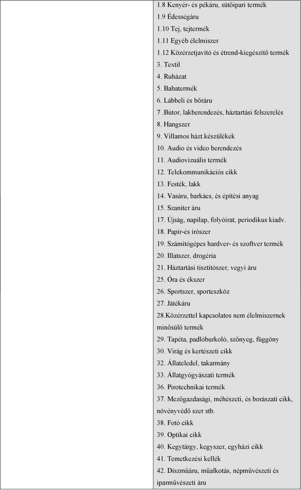 Festék, lakk 14. Vasáru, barkács, és építési anyag 15. Szaniter áru 17. Újság, napilap, folyóirat, periodikus kiadv. 18. Papír-és írószer 19. Számítógépes hardver- és szoftver termék 20.