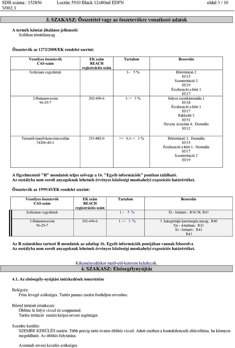 H315 Szemirritáció 2 H319 Érzékenyíti a bőrt 1 H317 202-496-6 1- < 3 % Súlyos szemkárosodás 1 H318 Érzékenyíti a bőrt 1 H317 Rákkeltő 2 H351 Heveny toxicitás 4; Dermális H312