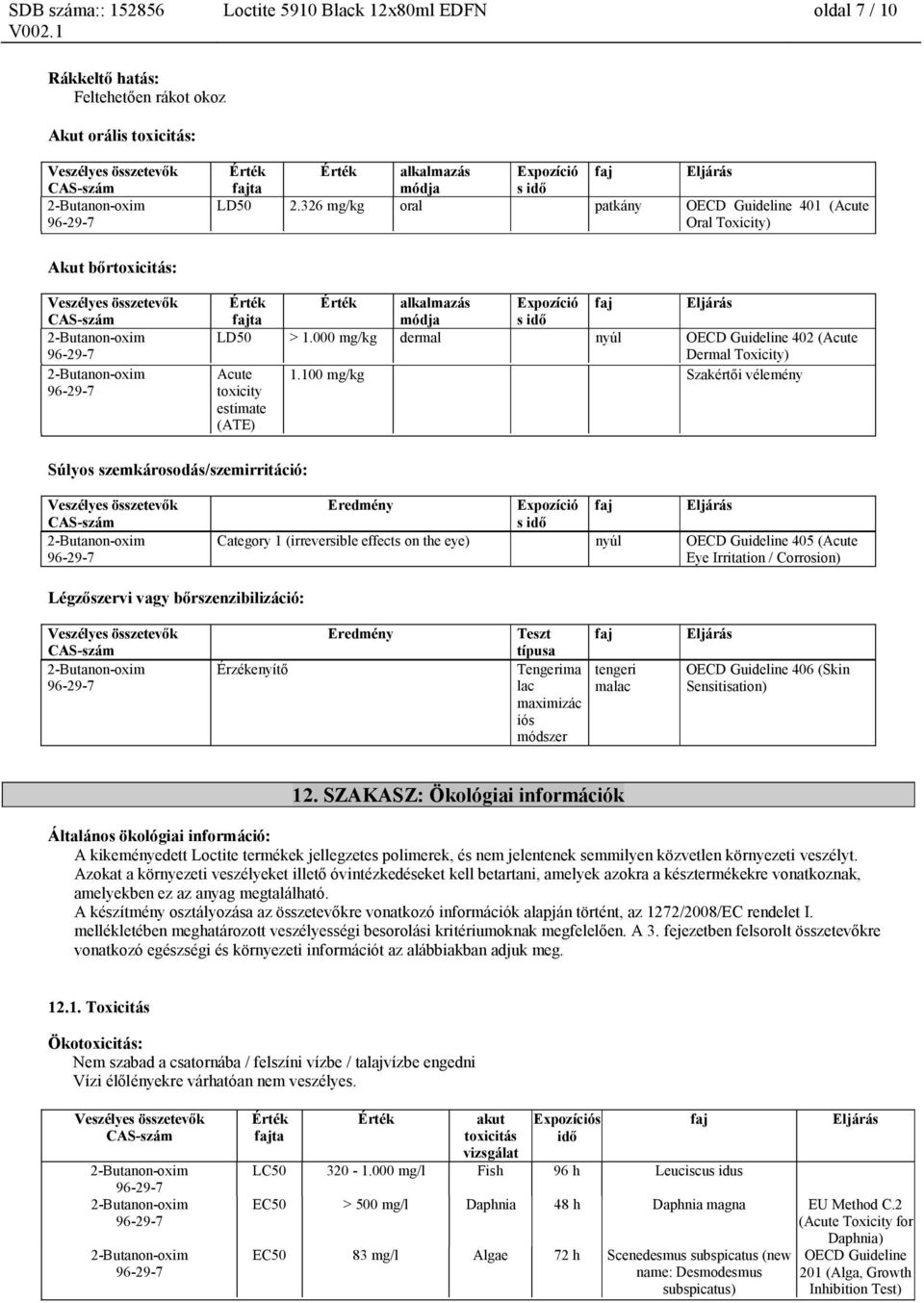 000 mg/kg dermal nyúl OECD Guideline 402 (Acute Dermal Toxicity) Acute 1.