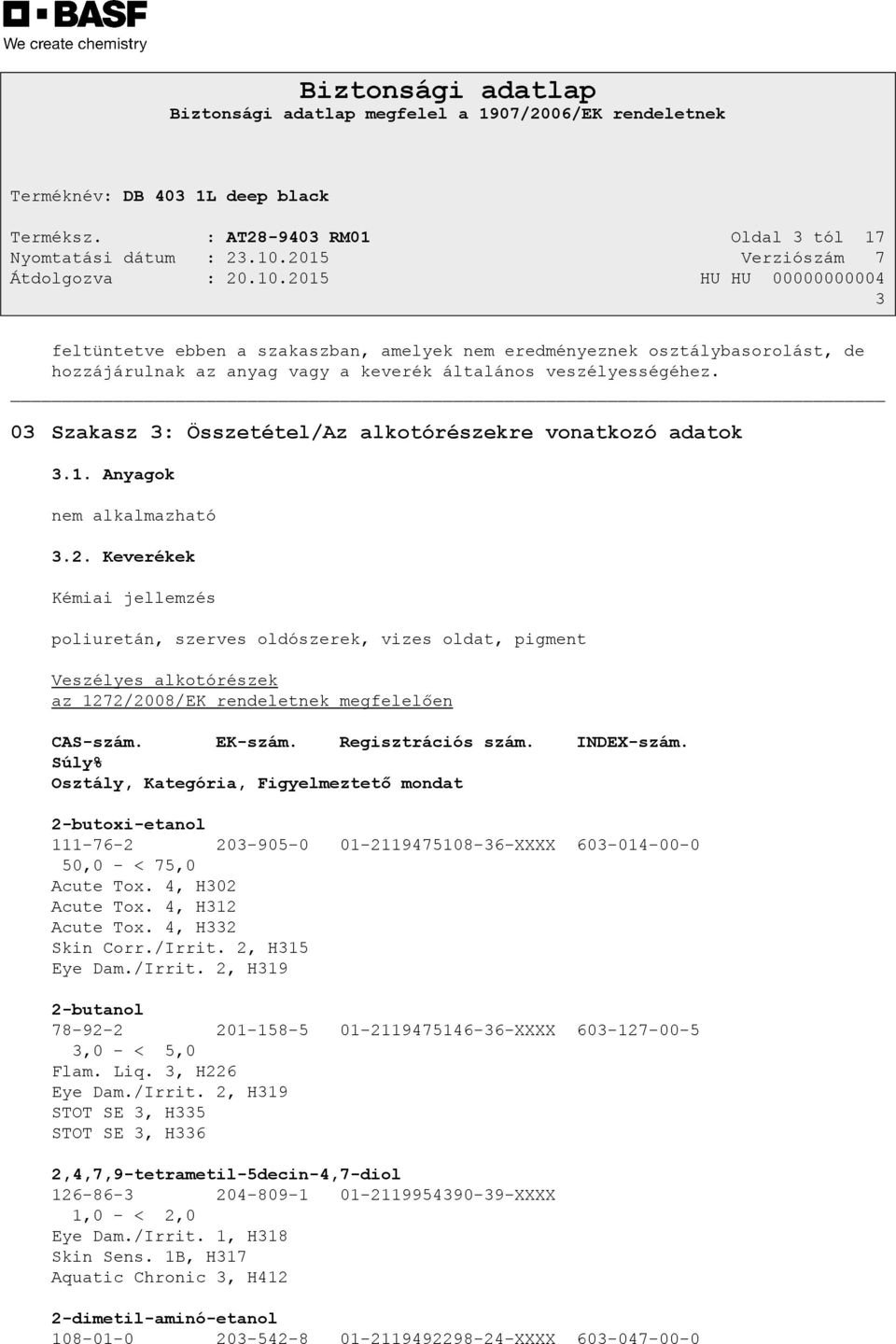 Keverékek Kémiai jellemzés poliuretán, szerves oldószerek, vizes oldat, pigment Veszélyes alkotórészek az 1272/2008/EK rendeletnek megfelelően CAS-szám. EK-szám. Regisztrációs szám. INDEX-szám.