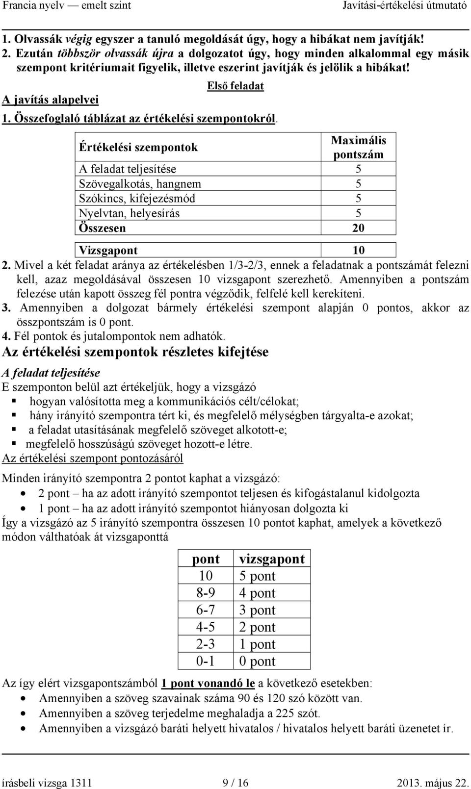 Összefoglaló táblázat az értékelési szempontokról.