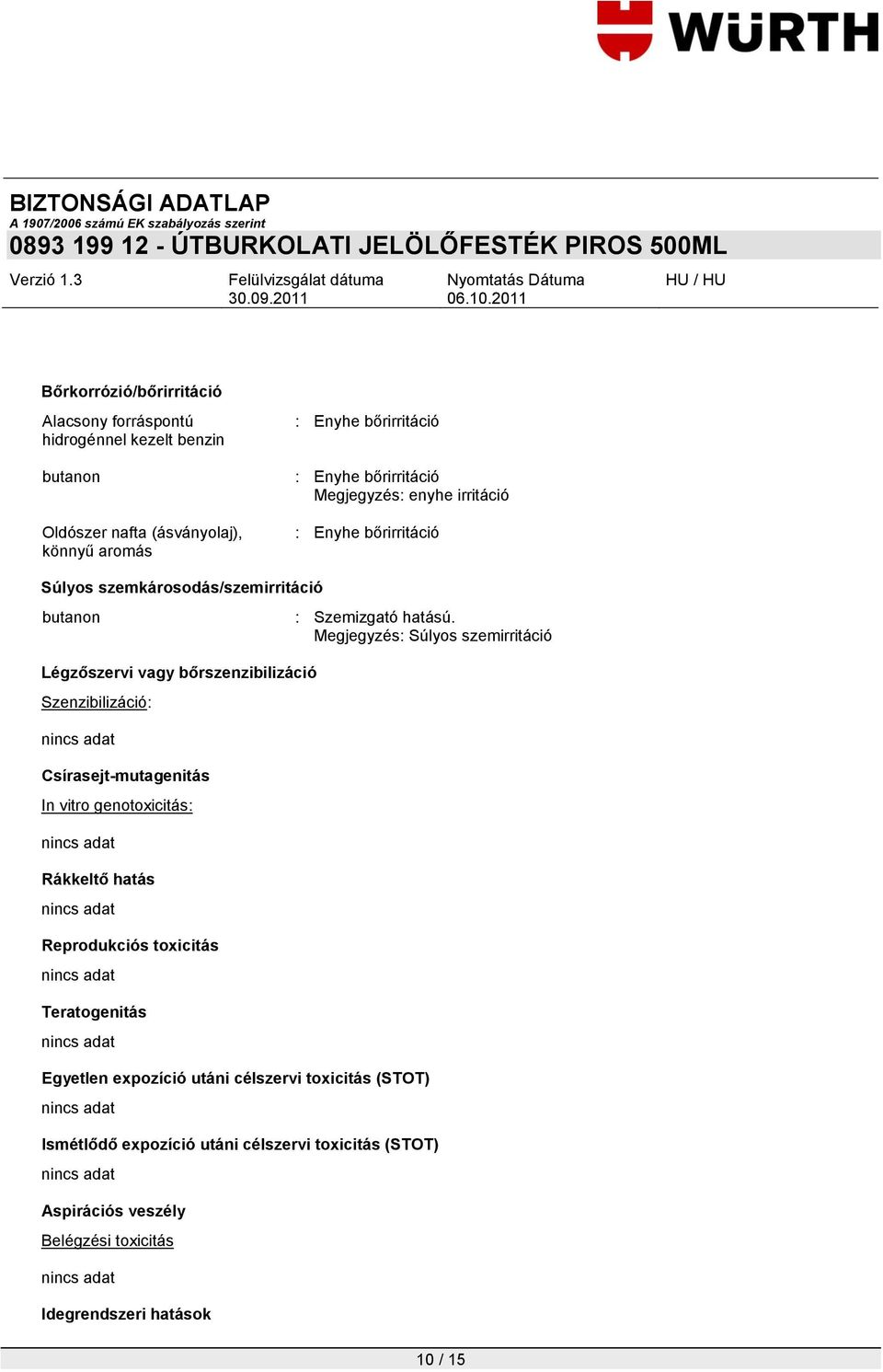 Csírasejt-mutagenitás In vitro genotoxicitás: Rákkeltő hatás Reprodukciós toxicitás Teratogenitás : Szemizgató hatású.