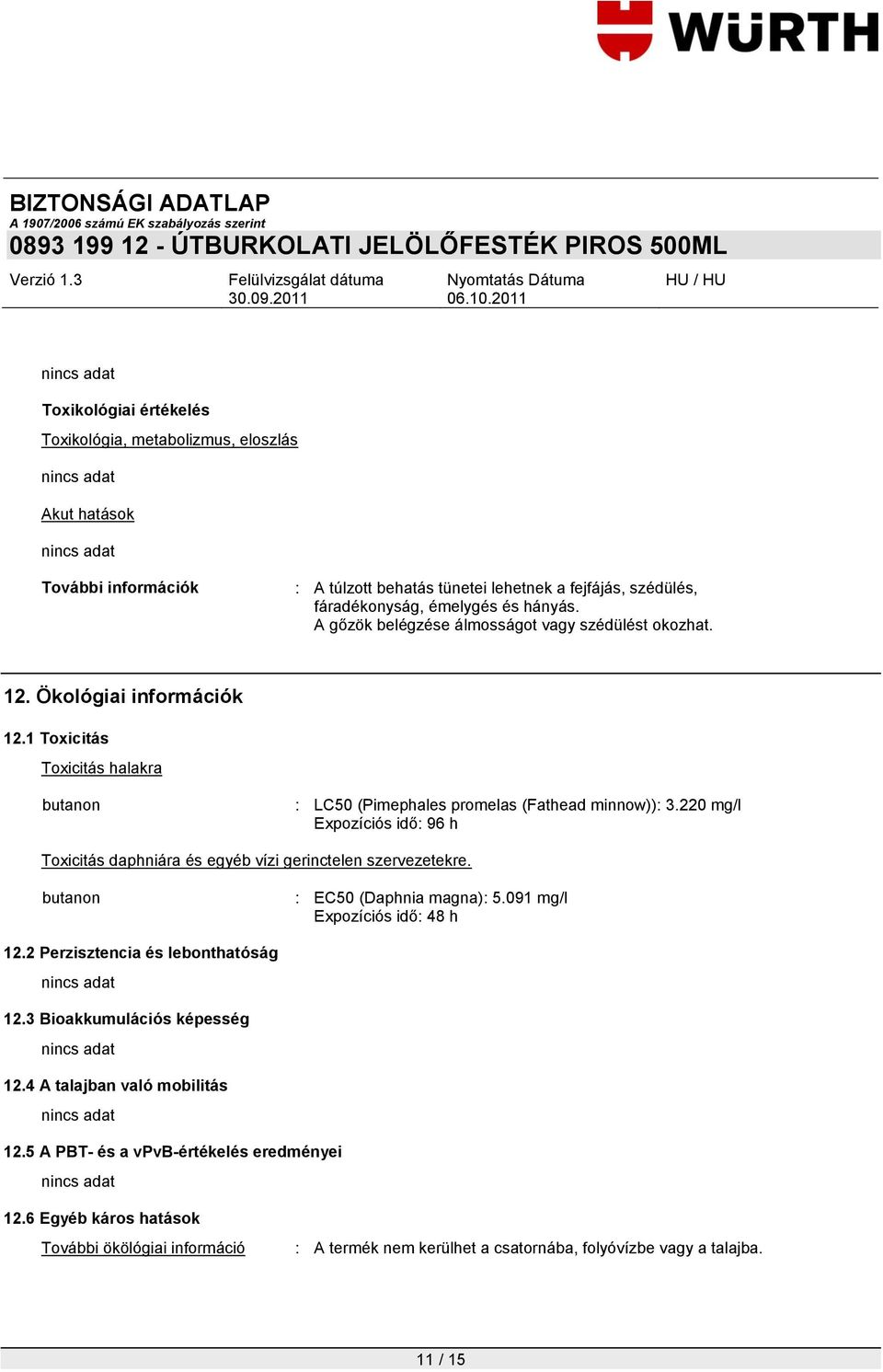 220 mg/l Expozíciós idő: 96 h Toxicitás daphniára és egyéb vízi gerinctelen szervezetekre. butanon : EC50 (Daphnia magna): 5.091 mg/l Expozíciós idő: 48 h 12.2 Perzisztencia és lebonthatóság 12.