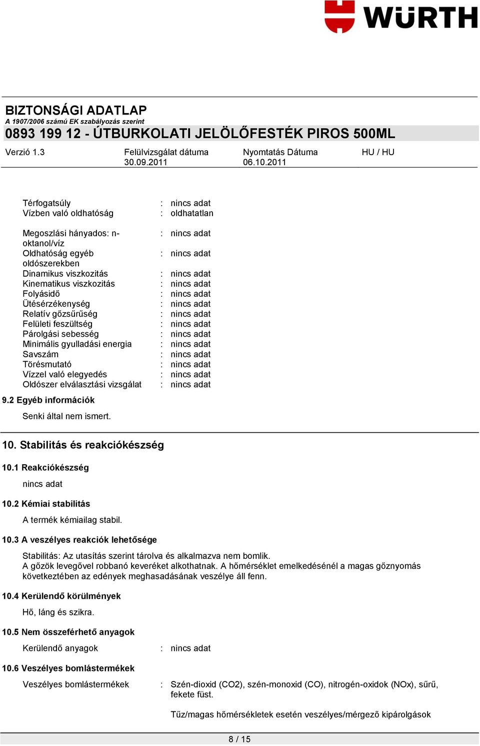 : oldhatatlan 10. Stabilitás és reakciókészség 10.1 Reakciókészség 10.2 Kémiai stabilitás A termék kémiailag stabil. 10.3 A veszélyes reakciók lehetősége Stabilitás: Az utasítás szerint tárolva és alkalmazva nem bomlik.