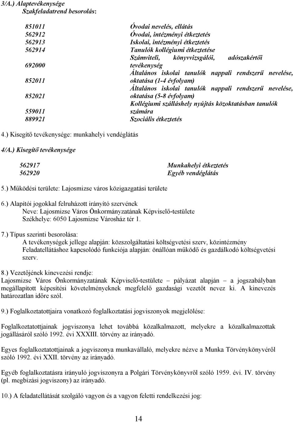 852021 oktatása (5-8 évfolyam) Kollégiumi szálláshely nyújtás közoktatásban tanulók 559011 számára 889921 Szociális étkeztetés 4.) Kisegítő tevékenysége: munkahelyi vendéglátás 4/A.