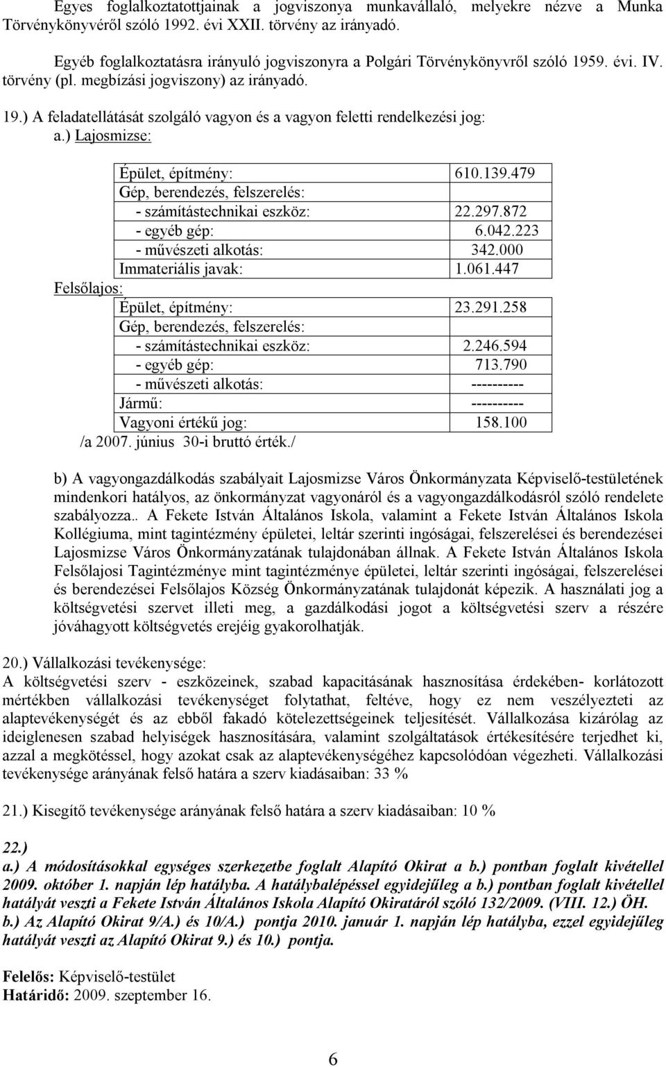 ) Lajosmizse: Épület, építmény: 610.139.479 Gép, berendezés, felszerelés: - számítástechnikai eszköz: 22.297.872 - egyéb gép: 6.042.223 - művészeti alkotás: 342.000 Immateriális javak: 1.061.