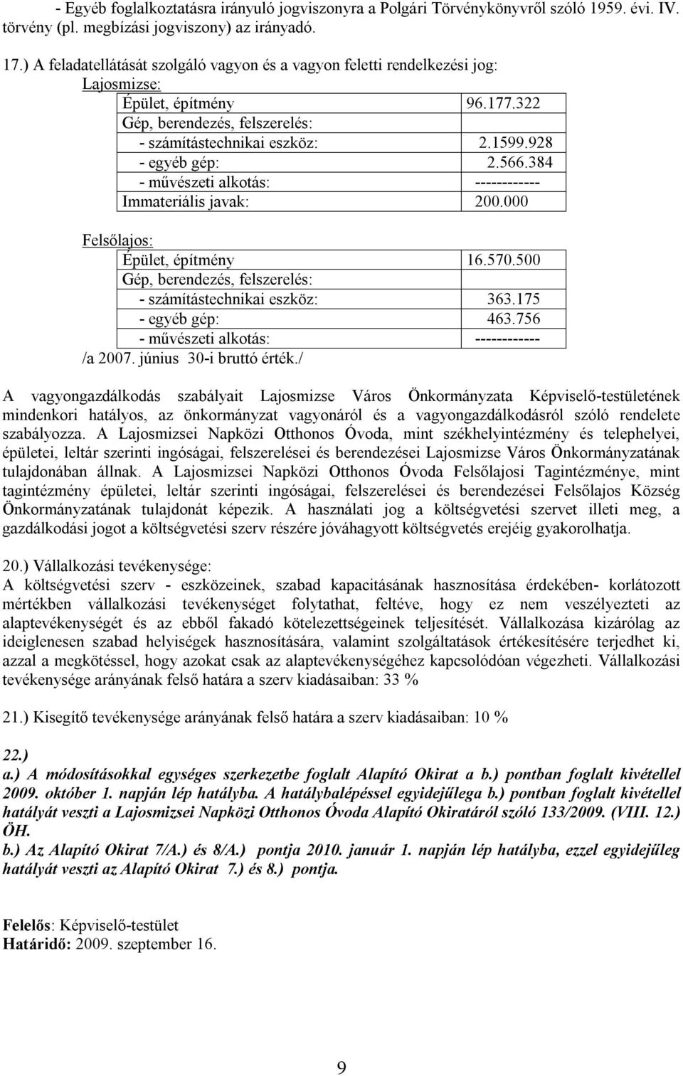 566.384 - művészeti alkotás: ------------ Immateriális javak: 200.000 Felsőlajos: Épület, építmény 16.570.500 Gép, berendezés, felszerelés: - számítástechnikai eszköz: 363.175 - egyéb gép: 463.