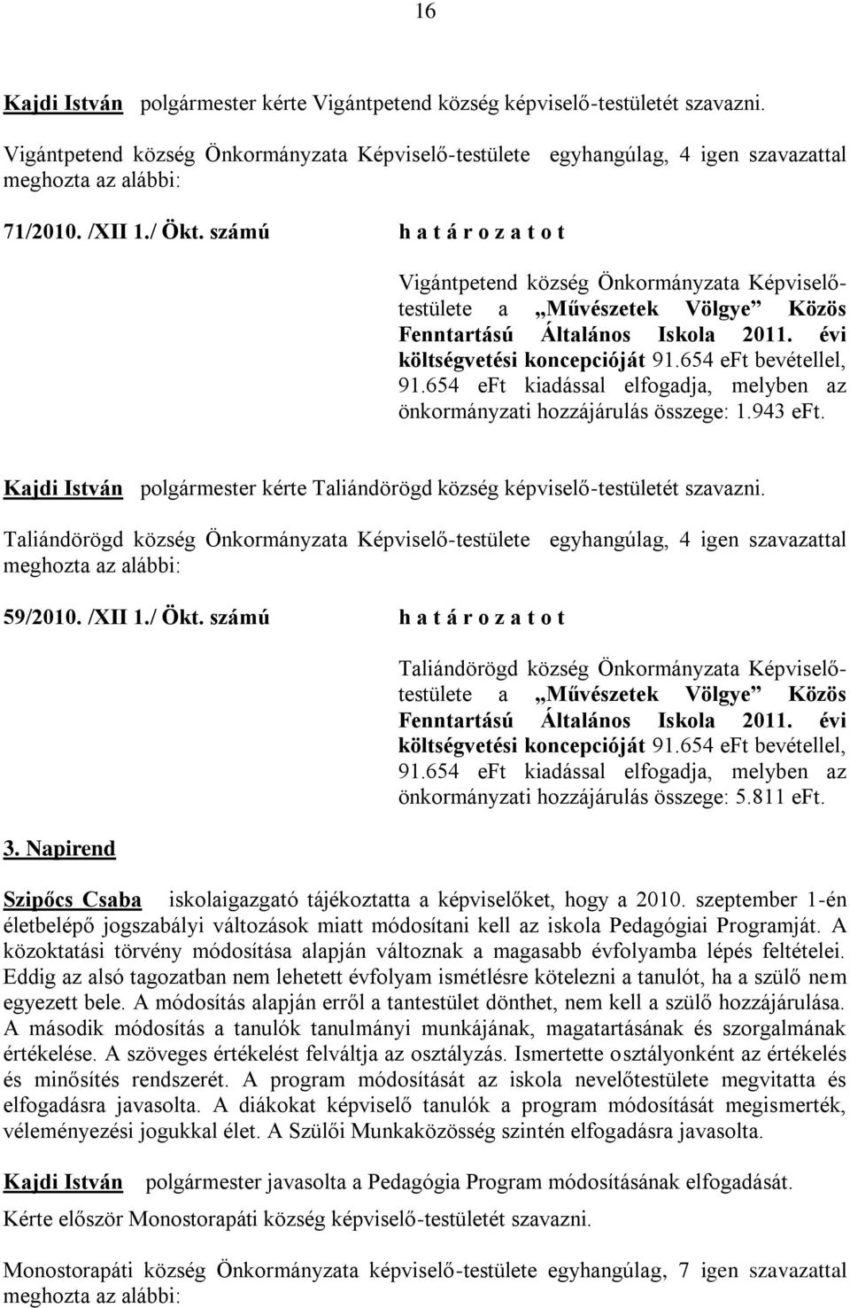 654 eft kiadással elfogadja, melyben az önkormányzati hozzájárulás összege: 1.943 eft. Kajdi István kérte Taliándörögd község -testületét szavazni.