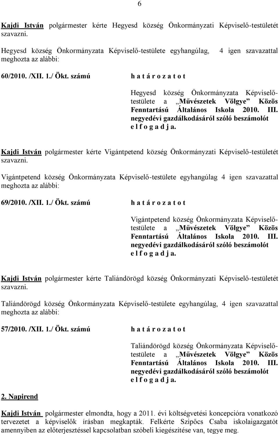 Kajdi István kérte Vigántpetend község Önkormányzati Képviselő-testületét szavazni. Vigántpetend község Önkormányzata Képviselő-testülete egyhangúlag 4 igen szavazattal 69/2010. /XII. 1./ Ökt.