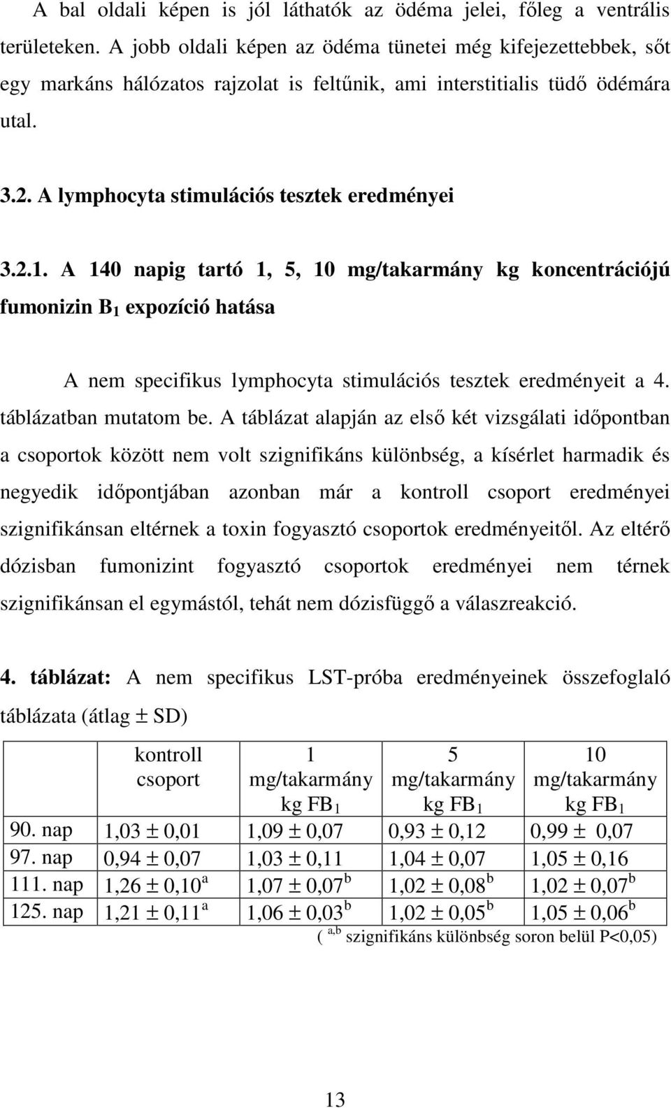 A 140 napig tartó 1, 5, 10 mg/takarmány kg koncentrációjú fumonizin B 1 expozíció hatása A nem specifikus lymphocyta stimulációs tesztek eredményeit a 4. táblázatban mutatom be.