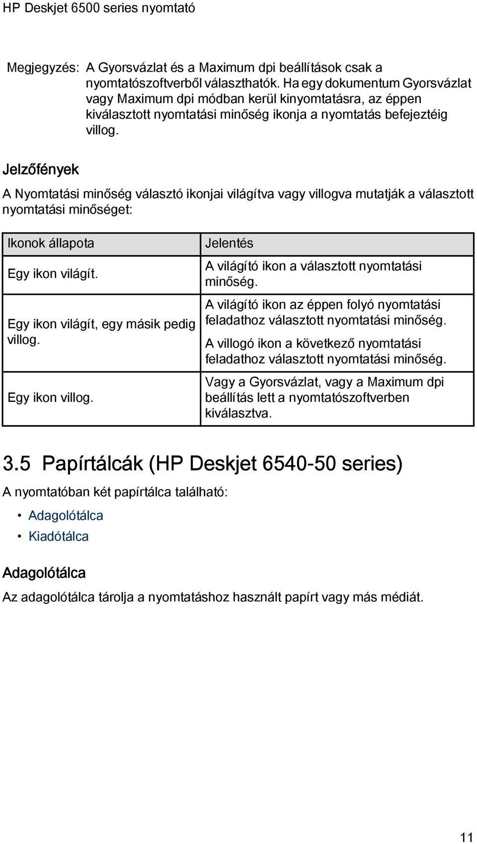 Jelzőfények A Nyomtatási minőség választó ikonjai világítva vagy villogva mutatják a választott nyomtatási minőséget: Ikonok állapota Egy ikon világít. Egy ikon világít, egy másik pedig villog.