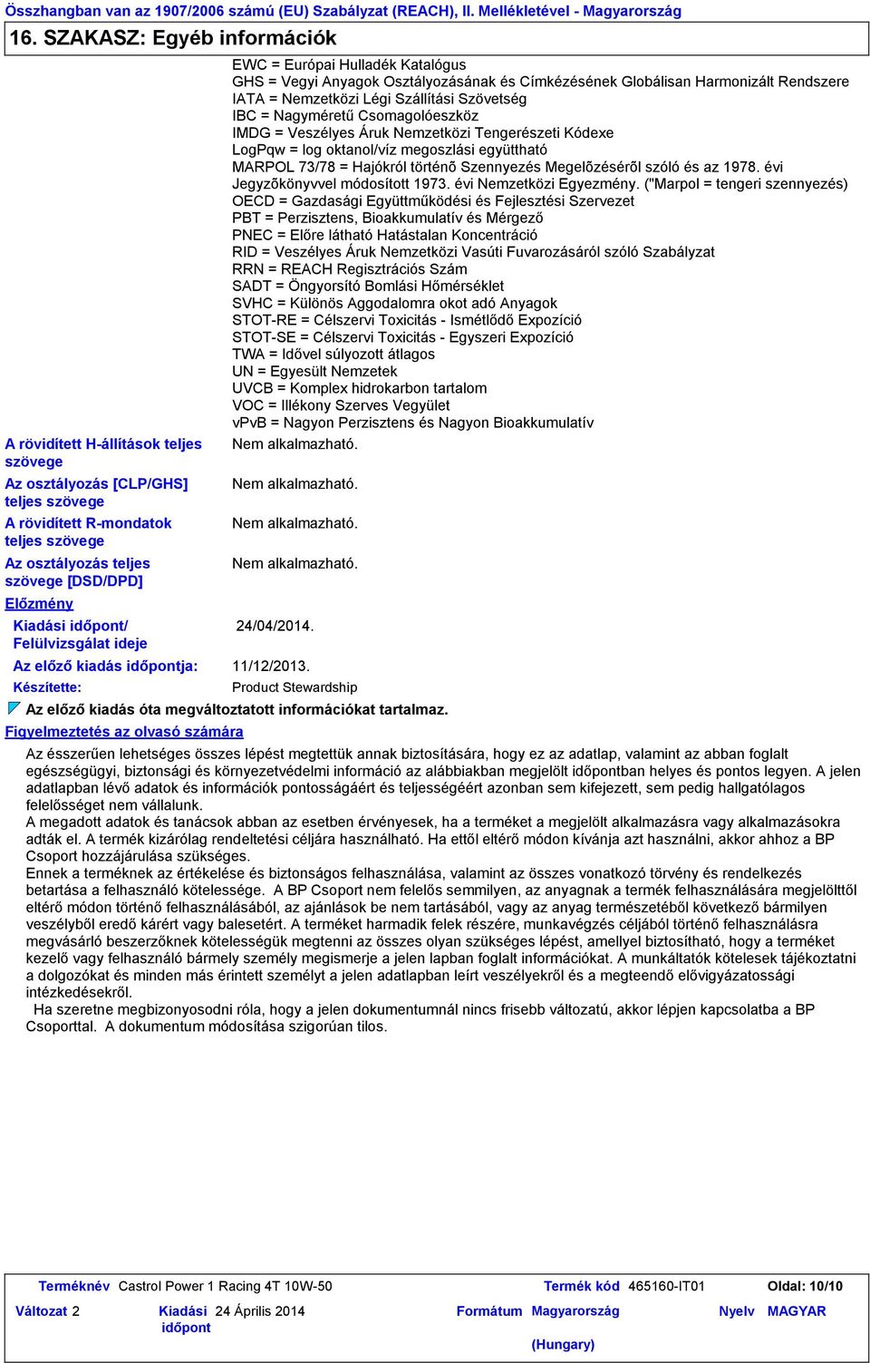 Kiadási / Felülvizsgálat ideje Az előző kiadás ja: Készítette: Figyelmeztetés az olvasó számára EWC = Európai Hulladék Katalógus GHS = Vegyi Anyagok Osztályozásának és Címkézésének Globálisan