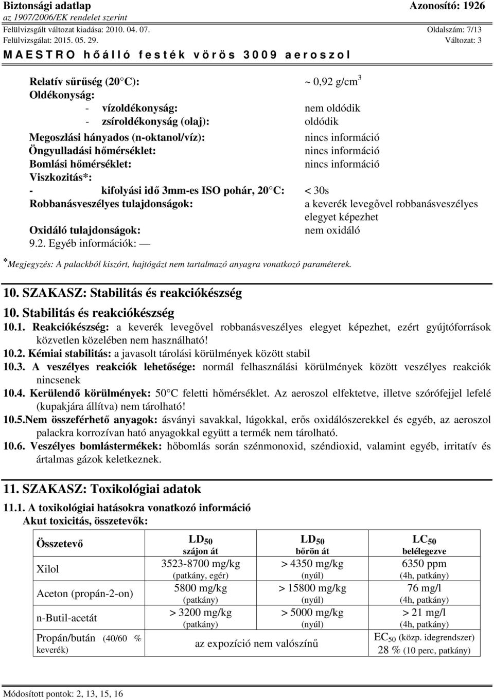 Bomlási hőmérséklet: Viszkozitás*: - kifolyási idő 3mm-es ISO pohár, 20 C: < 30s Robbanásveszélyes tulajdonságok: a keverék levegővel robbanásveszélyes elegyet képezhet Oxidáló tulajdonságok: nem