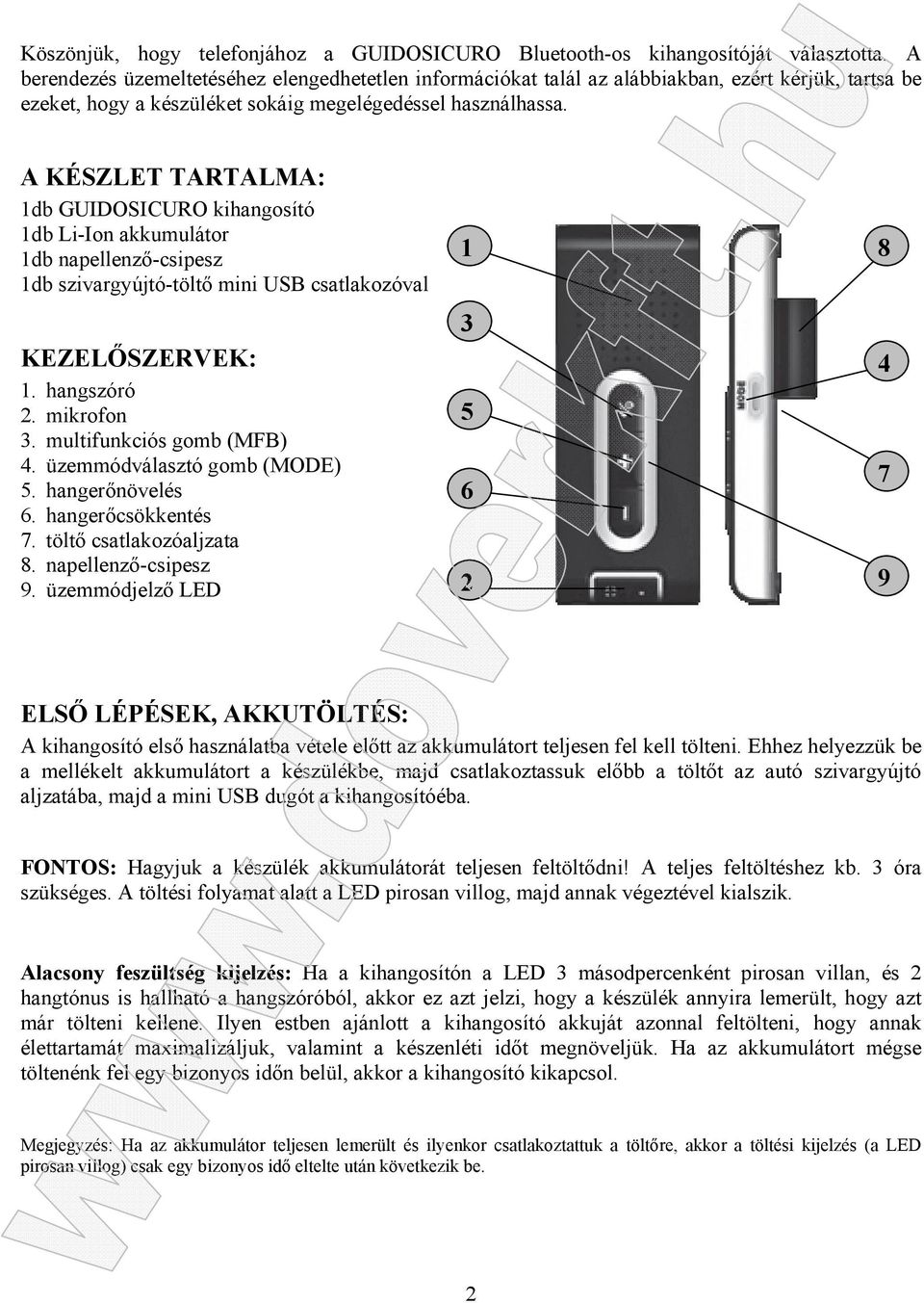 A KÉSZLET TARTALMA: 1db GUIDOSICURO kihangosító 1db Li-Ion akkumulátor 1db napellenző-csipesz 1db szivargyújtó-töltő mini USB csatlakozóval KEZELŐSZERVEK: 1. hangszóró 2. mikrofon 3.