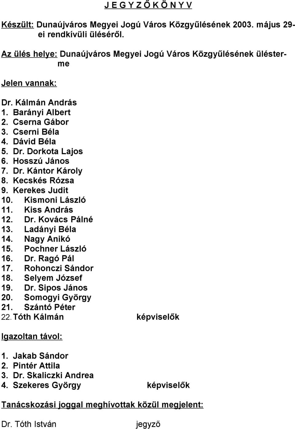 Hosszú János 7. Dr. Kántor Károly 8. Kecskés Rózsa 9. Kerekes Judit 10. Kismoni László 11. Kiss András 12. Dr. Kovács Pálné 13. Ladányi Béla 14. Nagy Anikó 15. Pochner László 16. Dr. Ragó Pál 17.