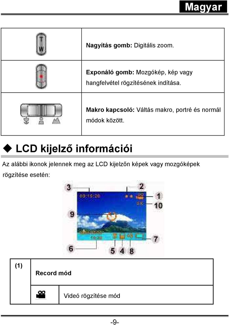 Makro kapcsoló: Váltás makro, portré és normál módok között.