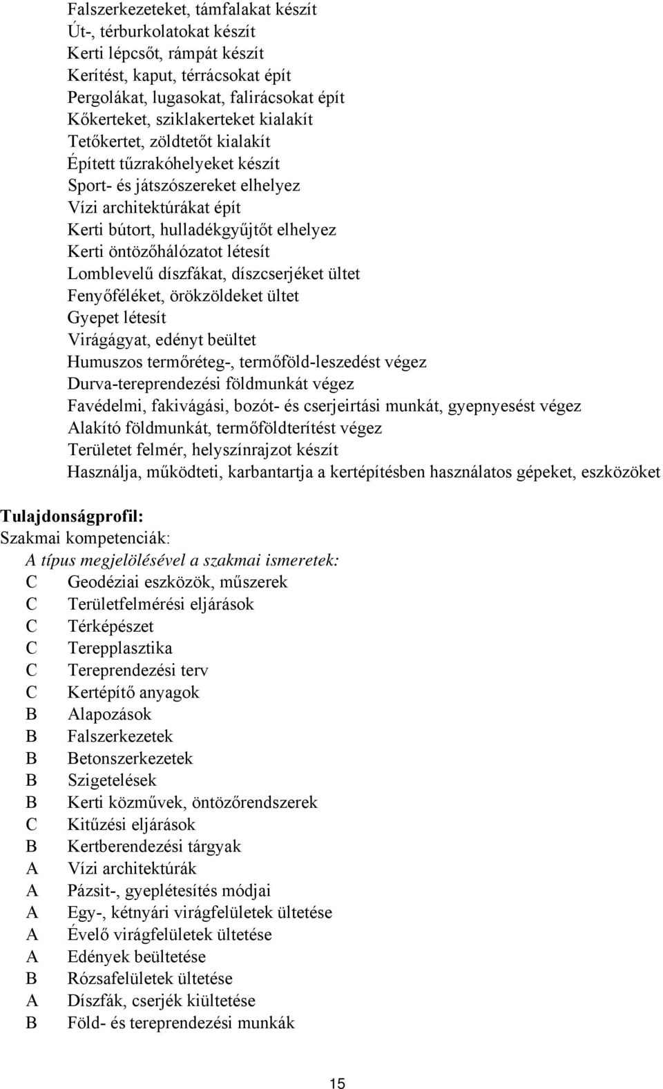 Lomblevelű díszfákat, díszcserjéket ültet Fenyőféléket, örökzöldeket ültet Gyepet létesít Virágágyat, edényt beültet Humuszos termőréteg-, termőföld-leszedést végez Durva-tereprendezési földmunkát