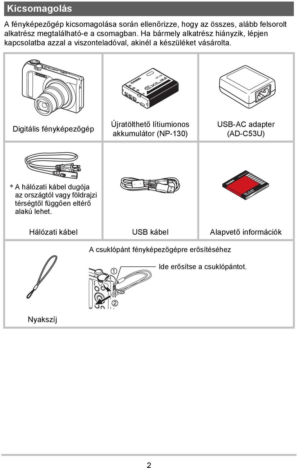 Digitális fényképezőgép Újratölthető lítiumionos akkumulátor (NP-130) USB-AC adapter (AD-C53U) * A hálózati kábel dugója az országtól