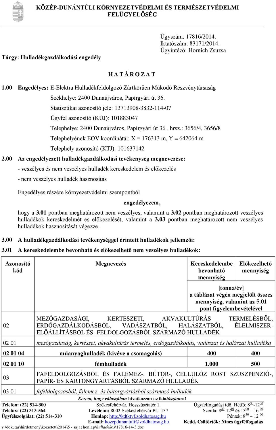 Statisztikai azonosító jele: 13713908-3832-114-07 Ügyfél azonosító (KÜJ): 101883047 Telephelye: 2400 Dunaújváros, Papírgyári út 36., hrsz.