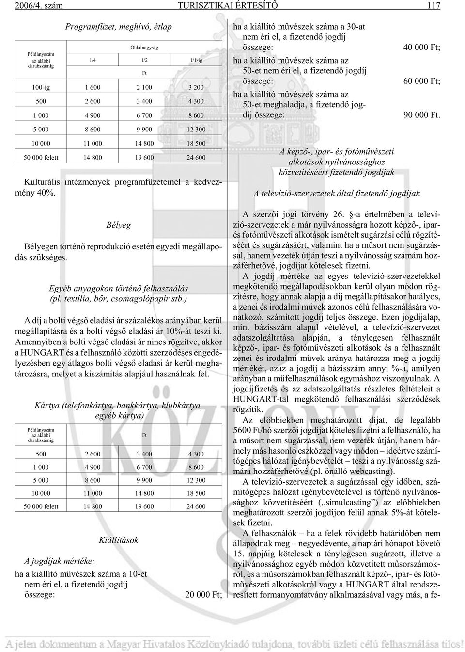 8 600 9 900 12 300 ha a ki ál lí tó mû vé szek szá ma a 30-at nem éri el, a fi ze ten dõ jog díj össze ge: ha a ki ál lí tó mû vé szek szá ma az 50-et nem éri el, a fi ze ten dõ jog díj össze ge: ha