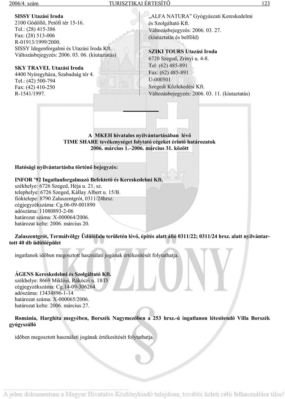 ALFA NA TU RA Gyó gyá sza ti Ke res ke del mi és Szol gál ta tó Kft. Vál to zás be jegy zés: 2006. 03. 27. (ki utaz ta tás és bel föld) SZIKI TOURS Utazási Iroda 6720 Sze ged, Zrí nyi u. 4-8.