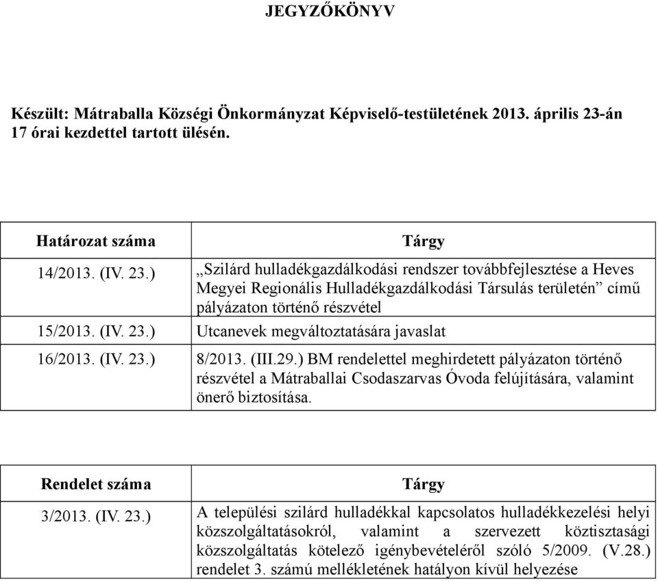 ) Szilárd hulladékgazdálkodási rendszer továbbfejlesztése a Heves Megyei Regionális Hulladékgazdálkodási Társulás területén című pályázaton történő részvétel 15/2013. (IV. 23.