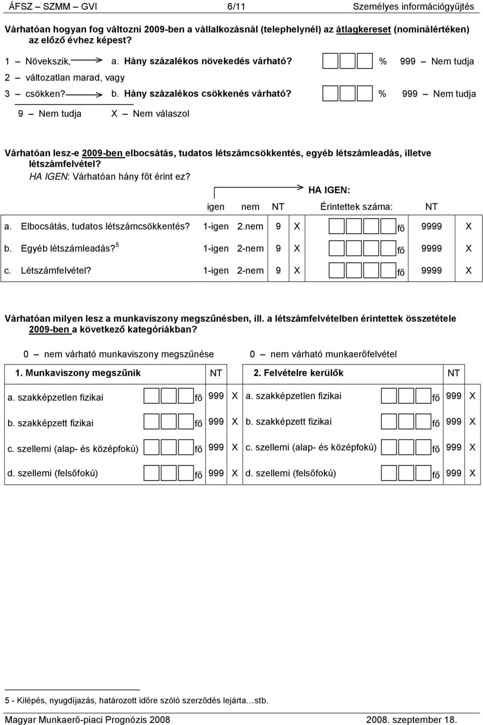 % 999 Nem tudja Várhatóan lesz-e 2009-ben elbocsátás, tudatos létszámcsökkentés, egyéb létszámleadás, illetve létszámfelvétel? HA IGEN: Várhatóan hány főt érint ez?