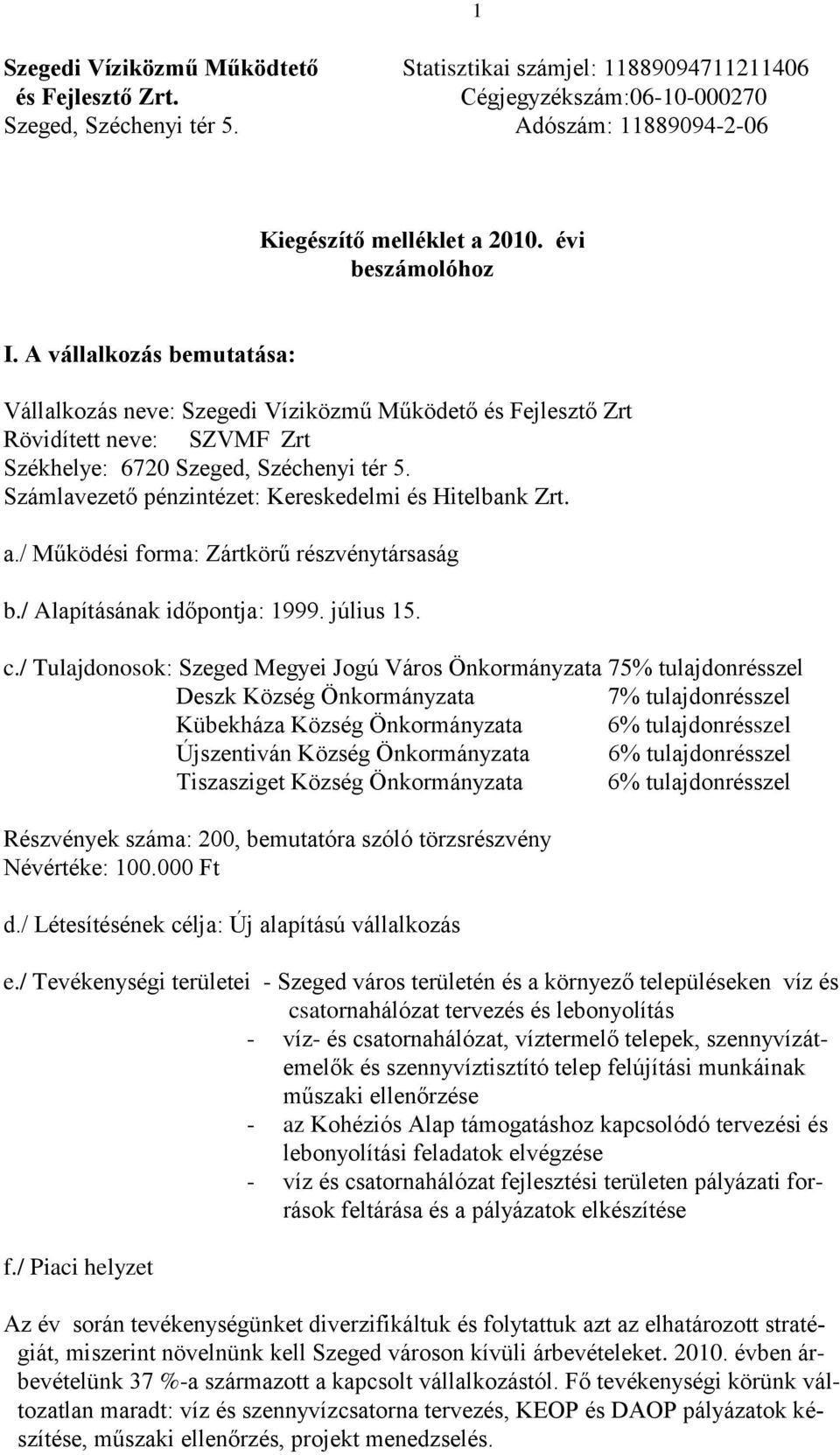 Számlavezető pénzintézet: Kereskedelmi és Hitelbank Zrt. a./ Működési forma: Zártkörű részvénytársaság b./ Alapításának időpontja: 1999. július 15. c.