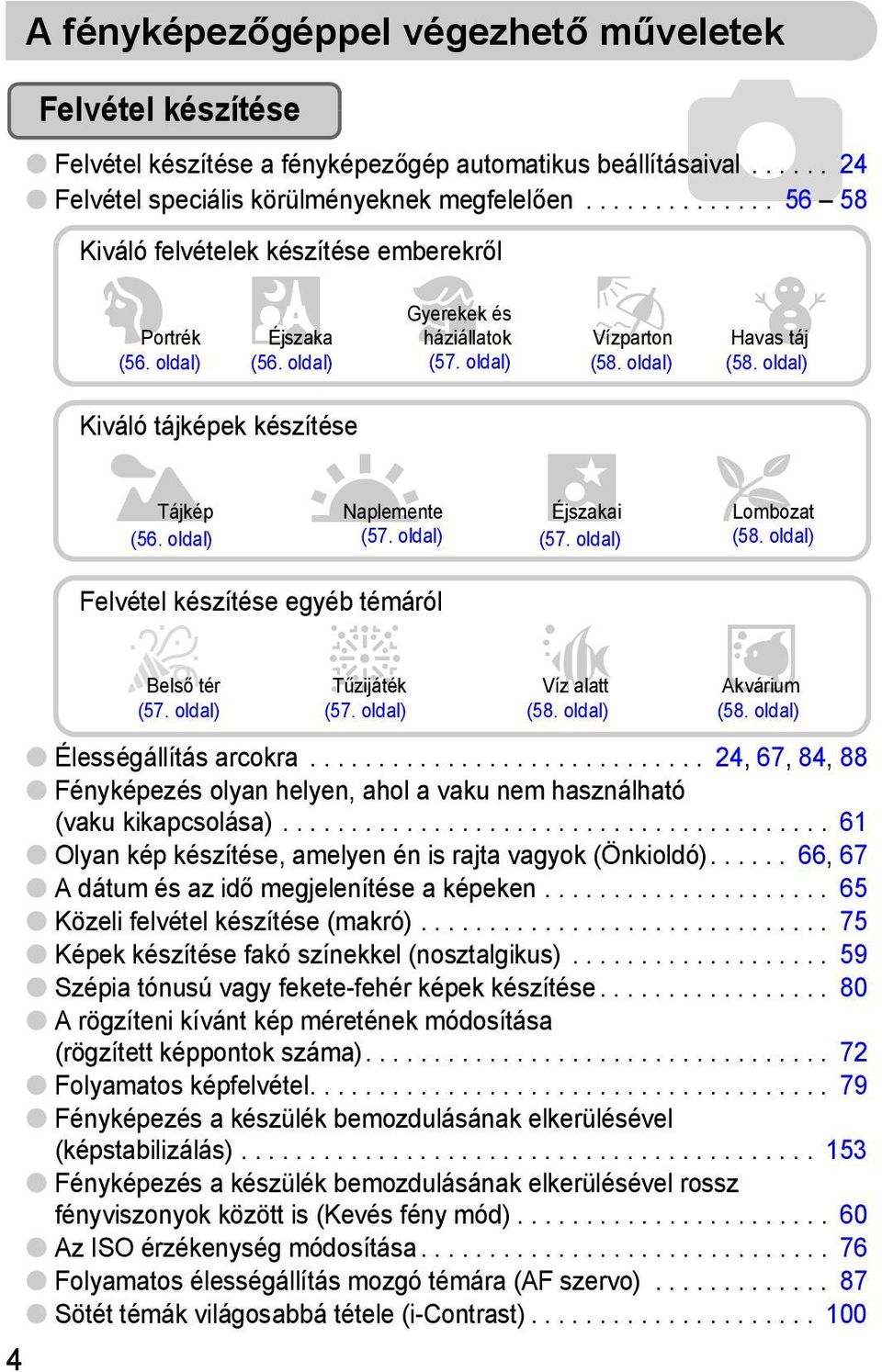 oldal) Kiváló tájképek készítése J Tájkép UNaplemente (56. oldal) (57. oldal) Felvétel készítése egyéb témáról, Éjszakai (57. oldal) O Lombozat (58. oldal) 4 Belső tér (57. oldal) t Tűzijáték (57.