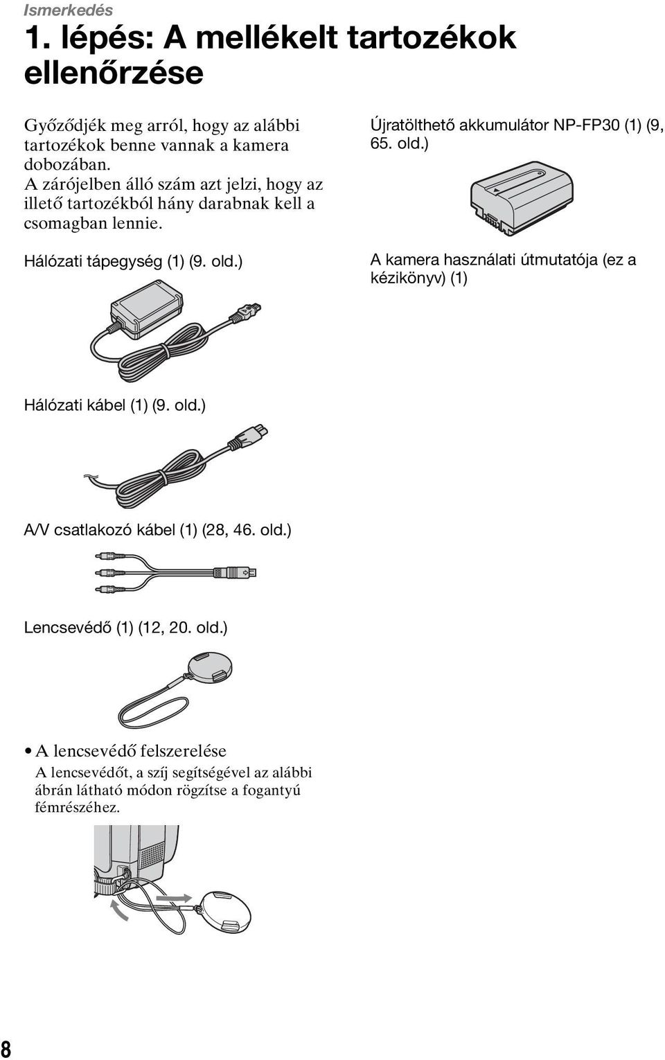 ) Újratölthető akkumulátor NP-FP30 (1) (9, 65. old.) A kamera használati útmutatója (ez a kézikönyv) (1) Hálózati kábel (1) (9. old.) A/V csatlakozó kábel (1) (28, 46.