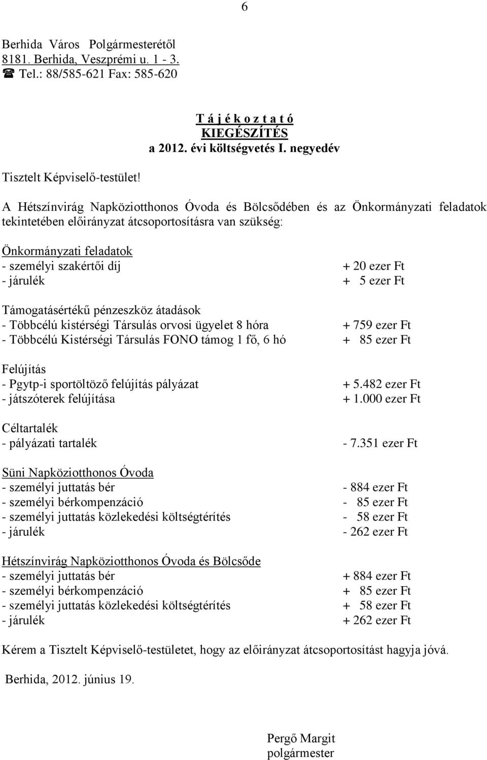 20 ezer Ft - járulék + 5 ezer Ft Támogatásértékű pénzeszköz átadások - Többcélú kistérségi Társulás orvosi ügyelet 8 hóra + 759 ezer Ft - Többcélú Kistérségi Társulás FONO támog 1 fő, 6 hó + 85 ezer