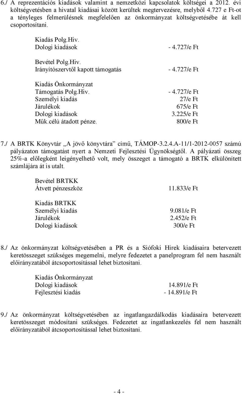 célú átadott pénze. - 4.727/e Ft - 4.727/e Ft - 4.727/e Ft 27/e Ft 675/e Ft 3.225/e Ft 800/e Ft 7./ A BRTK Könyvtár A jövő könyvtára című, TÁMOP-3.2.4.A-11/1-2012-0057 számú pályázaton támogatást nyert a Nemzeti Fejlesztési Ügynökségtől.