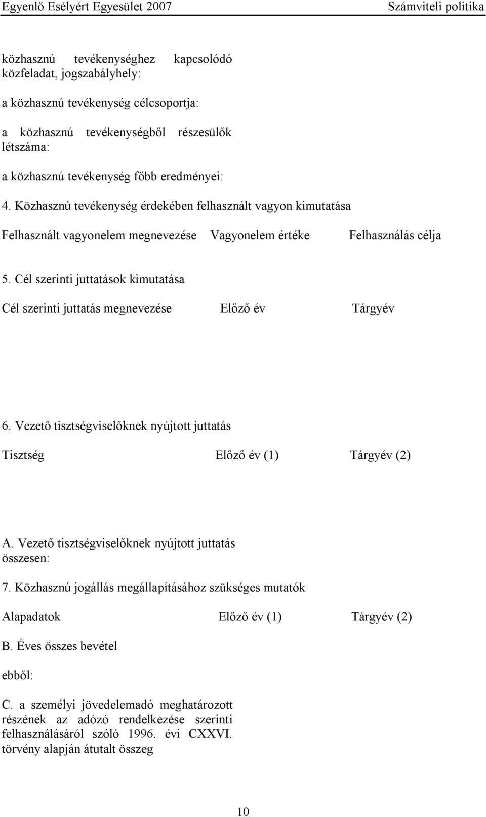 Cél szerinti juttatások kimutatása Cél szerinti juttatás megnevezése Előző év Tárgyév 6. Vezető tisztségviselőknek nyújtott juttatás Tisztség Előző év (1) Tárgyév (2) A.