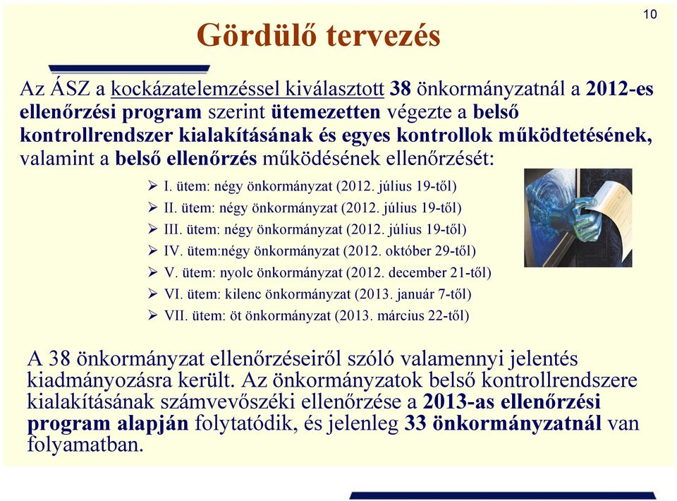 ütem: négy önkormányzat (2012. július 19-től) IV. ütem:négy önkormányzat (2012. október 29-től) V. ütem: nyolc önkormányzat (2012. december 21-től) VI. ütem: kilenc önkormányzat (2013.