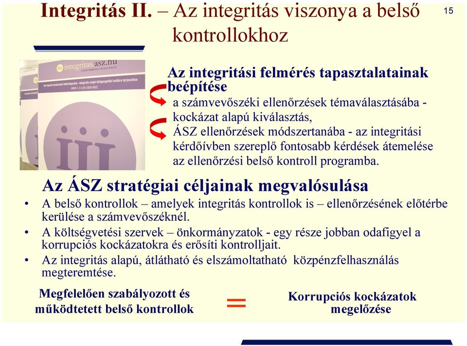 módszertanába - az integritási kérdőívben szereplő fontosabb kérdések átemelése az ellenőrzési belső kontroll programba.