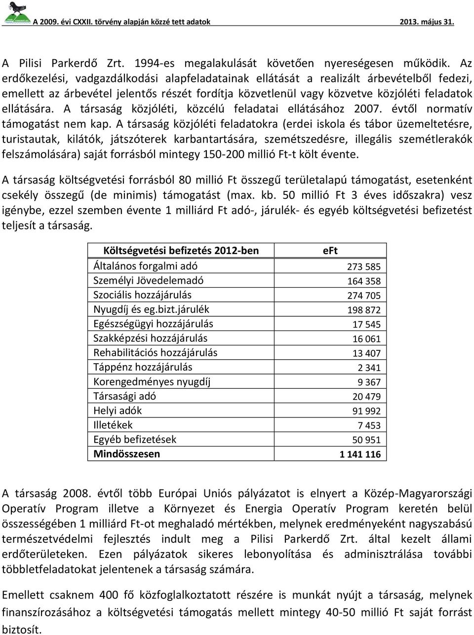 A társaság közjóléti, közcélú feladatai ellátásához 2007. évtől normatív támogatást nem kap.